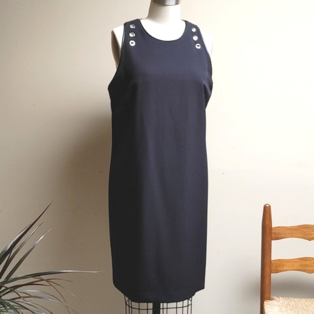 Julia Jordan Silver Grommet Navy & Black Trim Shift Dress 12/14?
